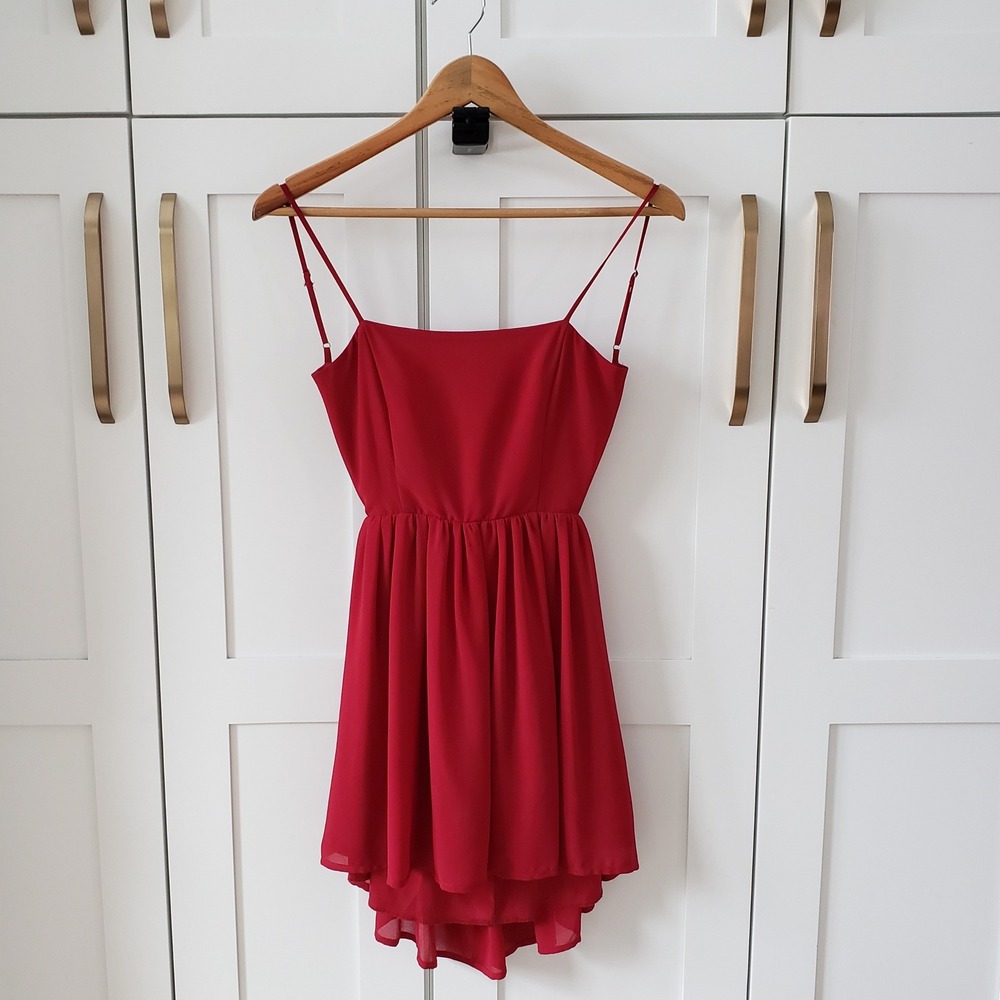 Lucy in the Sky Dress Womens S Red Backless Mini Spaghetti Strap Fit Flare Prom
